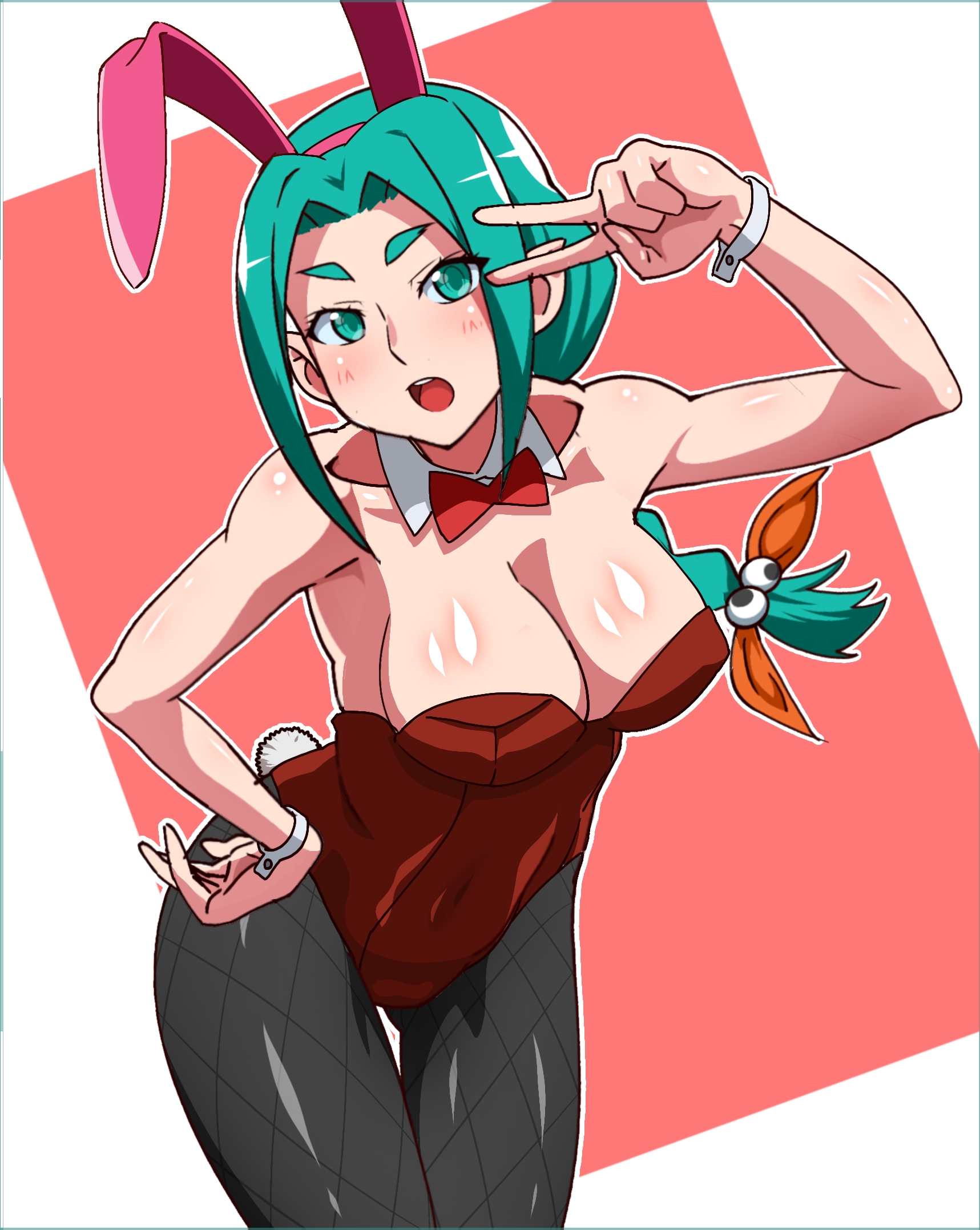 risator, ononoki yotsugi, monogatari (series), commentary request, highres, 1girl, aged up, animal ear hairband, animal ears, aqua eyes, aqua hair, black pantyhose, bow, bowtie, braid, breasts, bunny day, cleavage, detached collar, fake animal ears, fishnet pantyhose, fishnets, gluteal fold, hairband, hand on own hip, large breasts, leotard, looking at viewer, low ponytail, open mouth, pantyhose, playboy bunny, ponytail, rabbit ears, rabbit tail, red bow, red bowtie, red leotard, short eyebrows, single braid, solo, strapless, strapless leotard, tail, thick eyebrows, thigh gap, v, v over eye, wrist cuffs