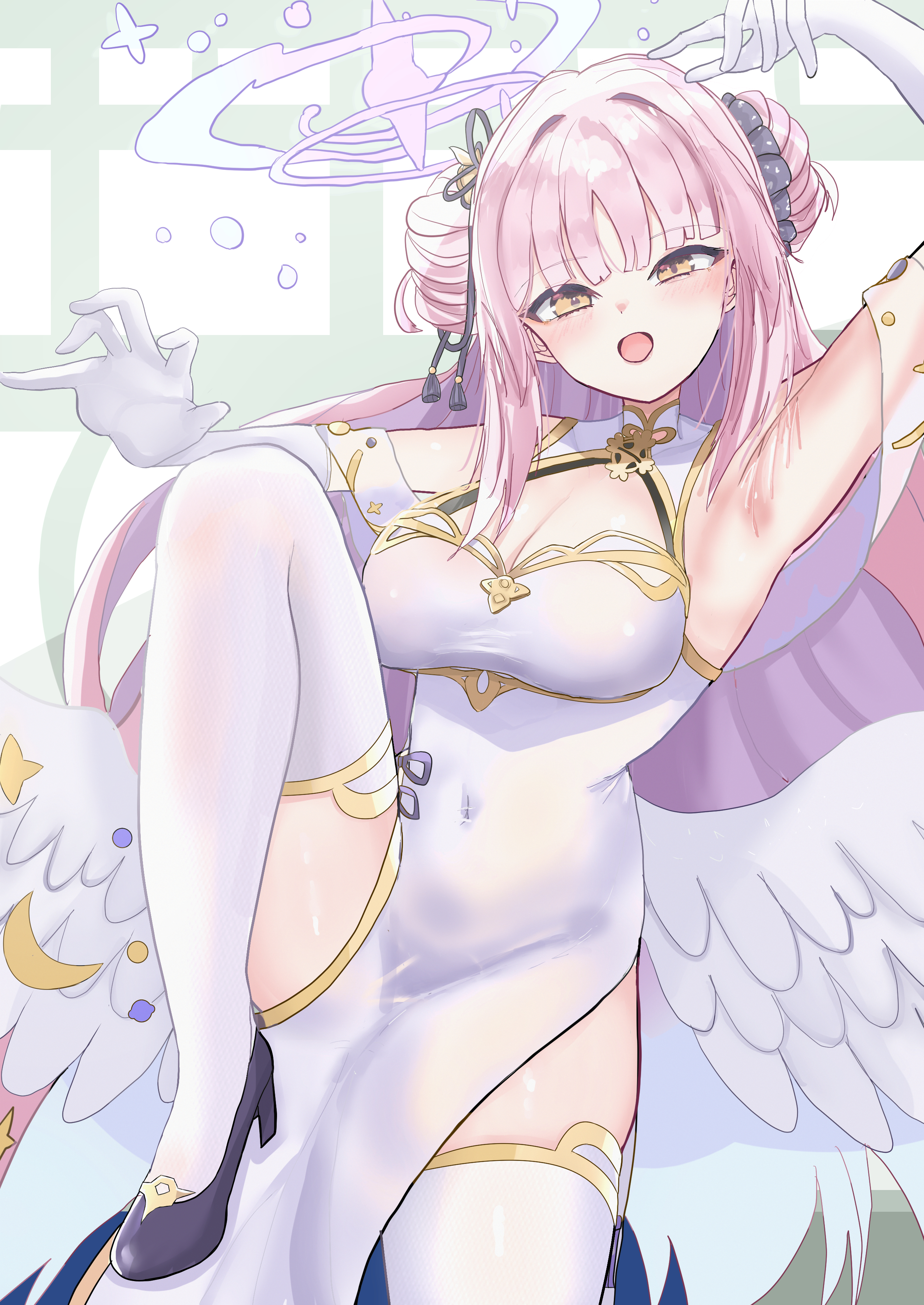 matudo yuu, mika (blue archive), blue archive, absurdres, highres, alternate costume, alternate hairstyle, angel wings, blush, breasts, china dress, chinese clothes, cleavage, covered navel, double bun, dress, feathered wings, gloves, hair bun, hair ornament, halo, large breasts, long hair, looking at viewer, low wings, open mouth, pelvic curtain, pink hair, pink halo, smile, thighhighs, very long hair, white gloves, white thighhighs, white wings, wings, yellow eyes