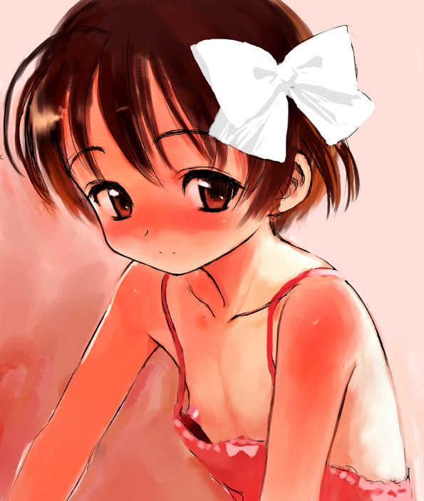 sasahara yuuki, copyright request, 1girl, blush, camisole, downblouse, female focus, flat chest, frown, loli, nipple slip, nipples, ribbon, solo