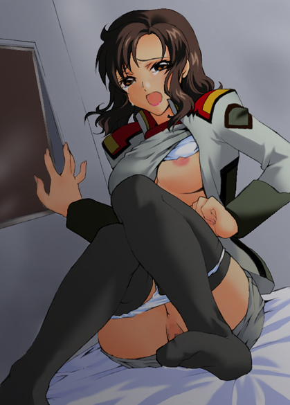 murrue ramius, gundam, gundam seed, 00s, 1girl, black thighhighs, bra, bra lift, breasts, brown eyes, brown hair, censored, female focus, jacket, large breasts, lingerie, long hair, long sleeves, military, military uniform, miniskirt, mosaic censoring, nipples, open clothes, open shirt, panties, panty pull, shirt, skirt, solo, tears, thighhighs, underwear, white panties