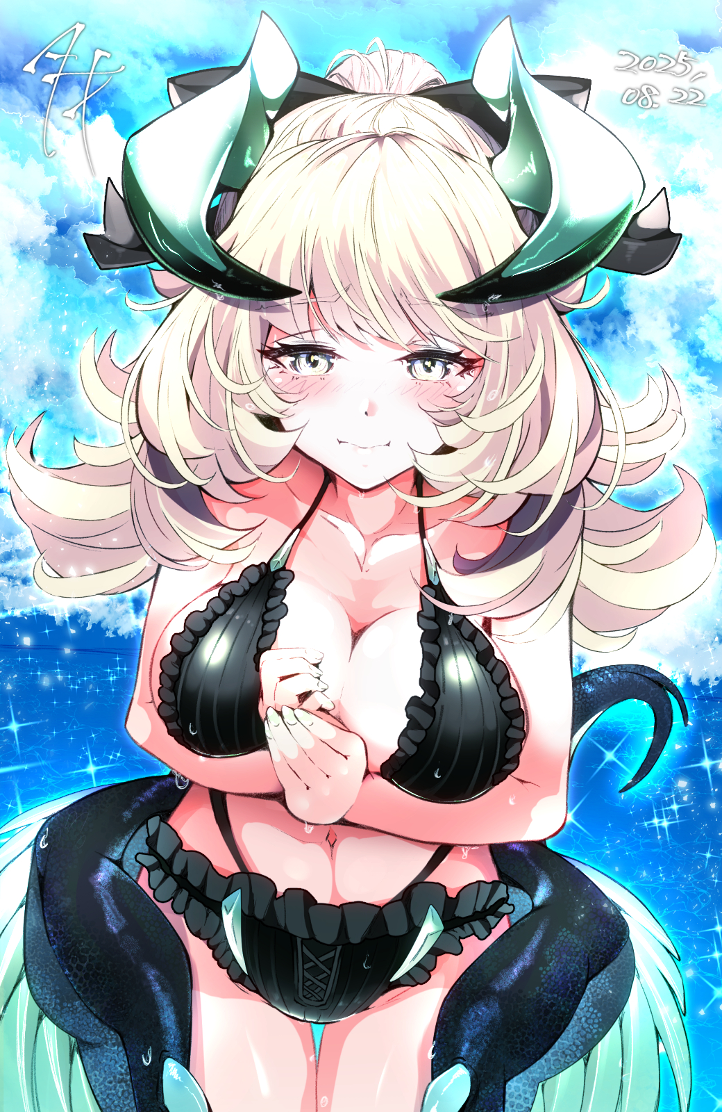 sato (yuki0634), chamber dragonmaid, yu-gi-oh!, highres, 1girl, alternate costume, alternate hairstyle, bikini, black bikini, blush, breasts, cleavage, closed mouth, collarbone, dragon girl, dragon horns, dragon tail, dragon wings, duel monster, feathered wings, hand on own chest, horns, large breasts, looking at viewer, navel, solo, stomach, swimsuit, tail, white hair, wings, yellow eyes