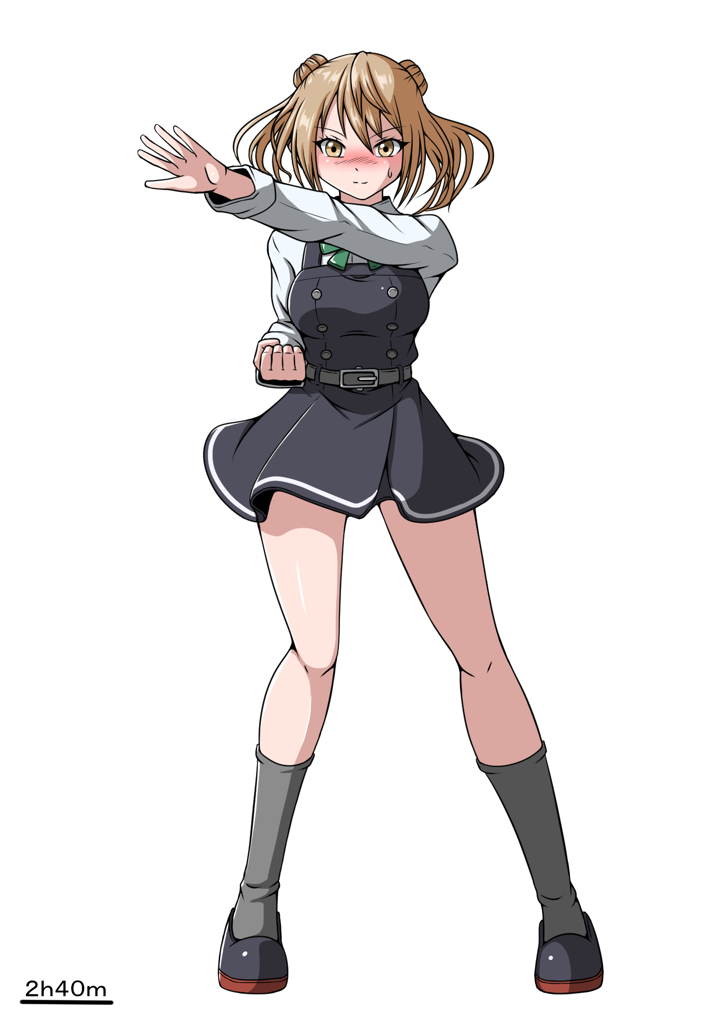 michishio (kancolle), michishio kai ni (kancolle), kamen rider, kantai collection, highres, 1girl, black shoes, black socks, blush, bow, breasts, brown eyes, brown hair, donut, double bun, dress, embarrassed, food, french cruller, full body, green bow, hair bun, hair ornament, long sleeves, luna satanel, medium breasts, pinafore dress, school uniform, shirt, shoes, short hair, short twintails, sleeveless, sleeveless dress, socks, twintails, white background, white shirt