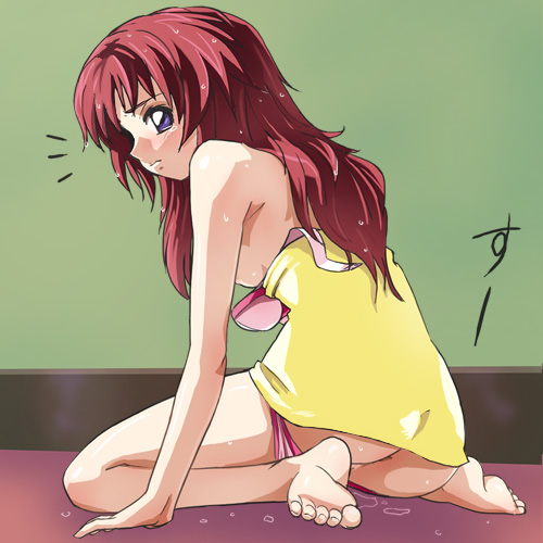 haruyama kazunori, meyrin hawke, gundam, gundam seed, gundam seed destiny, lowres, 00s, 1girl, ass, barefoot, bra, breasts, feet, female focus, large breasts, long hair, nipple slip, nipples, panties, panty pull, purple eyes, pussy, pussy peek, red hair, sideboob, sitting, soles, solo, strapless, strapless bra, towel, underwear, wardrobe malfunction, wariza, wet