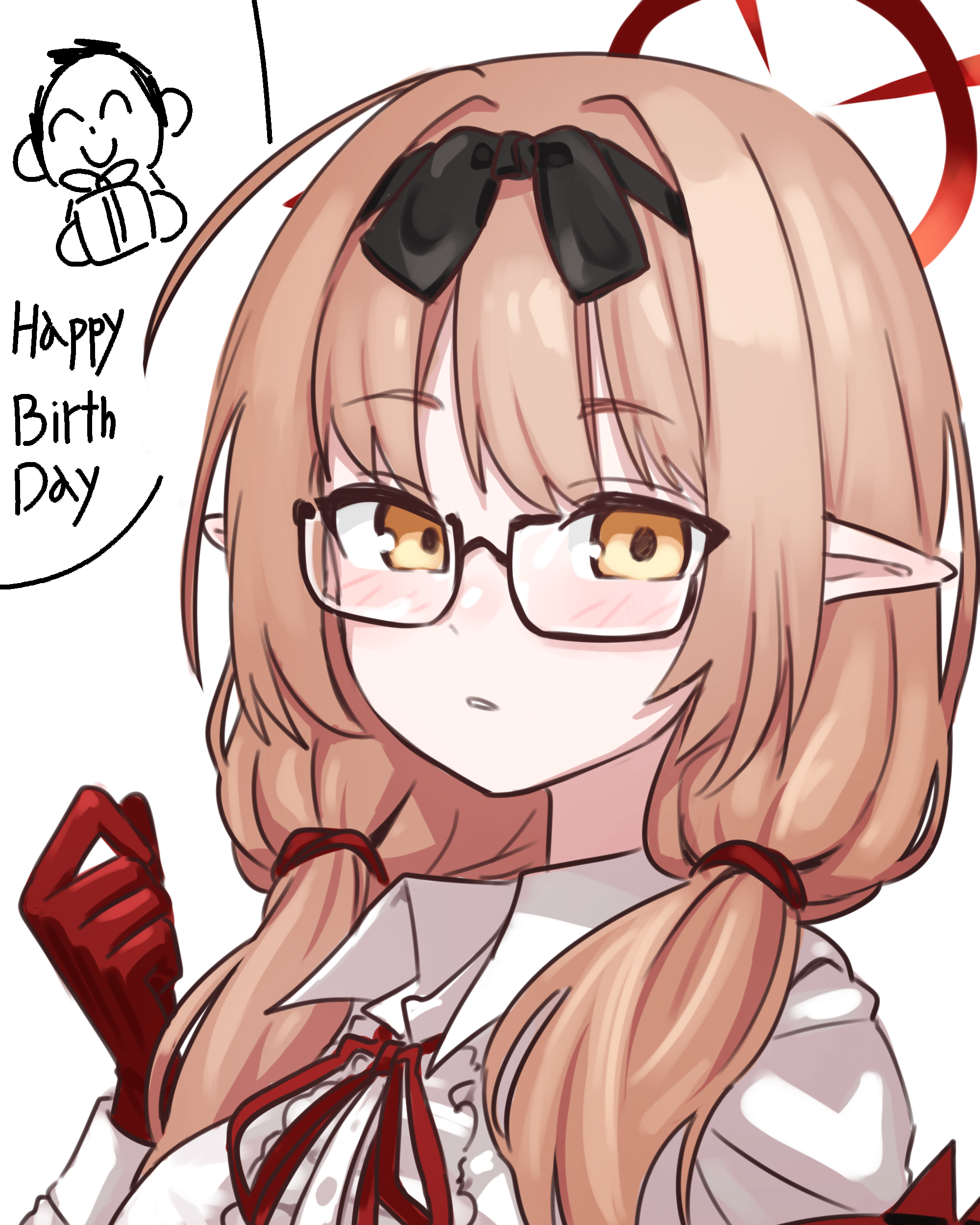 neophyte, chinatsu (blue archive), doodle sensei (blue archive), sensei (blue archive), blue archive, absurdres, commentary, highres, 1girl, box, brown hair, doodle inset, elf, english text, gift, gift box, glasses, gloves, hairband, halo, hand up, happy birthday, light blush, looking at viewer, neck ribbon, parted lips, pointy ears, red gloves, red halo, red ribbon, ribbon, shirt, simple background, twintails, white background, yellow eyes