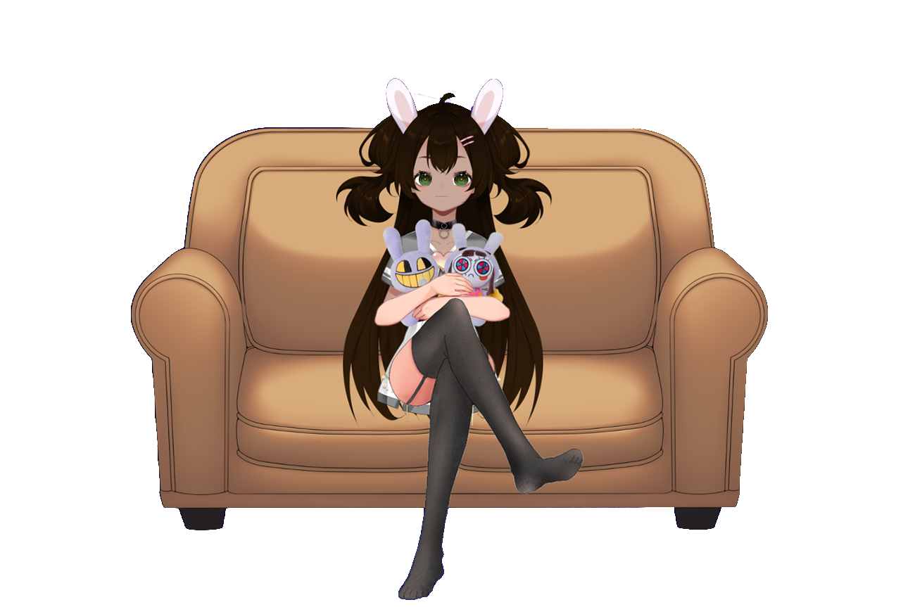 jax (the amazing digital circus), pomni (the amazing digital circus), the amazing digital circus, 1girl, black hair, chelsbunny, choker, couch, dress, green eyes, rabbit ears, rabbit girl, sailor dress, stuffed toy, thighhighs