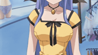 nerine, shuffle!, animated, animated gif, anime screenshot, lowres, 00s, 1girl, blue hair, blush, bouncing breasts, bra, breasts, choker, closed eyes, demon, episode6, female focus, jewelry, lace, large breasts, lingerie, long hair, mirror, panties, pendant, pointy ears, solo, underwear