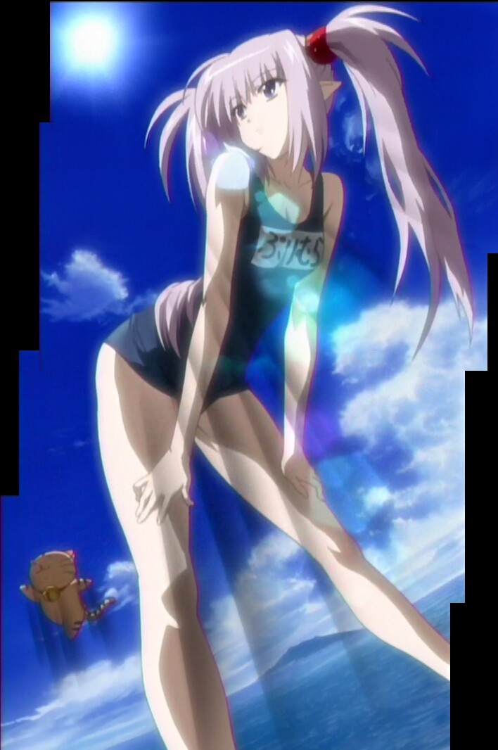 primula, shuffle!, silver hair, anime screenshot, official art, stitched, third-party edit, 00s, bent over, blue eyes, cat, cloud, day, elf, episode6, long hair, one-piece swimsuit, pointy ears, school swimsuit, sky, solo, sun, swimsuit, twintails, water
