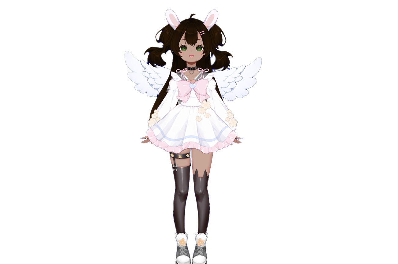 indie virtual youtuber, 1girl, angel wings, black hair, bow, chelsbunny, choker, dress, grey hair, rabbit ears, rabbit girl, ruffled dress, sailor dress, shoes, thighhighs, virtual youtuber, wings