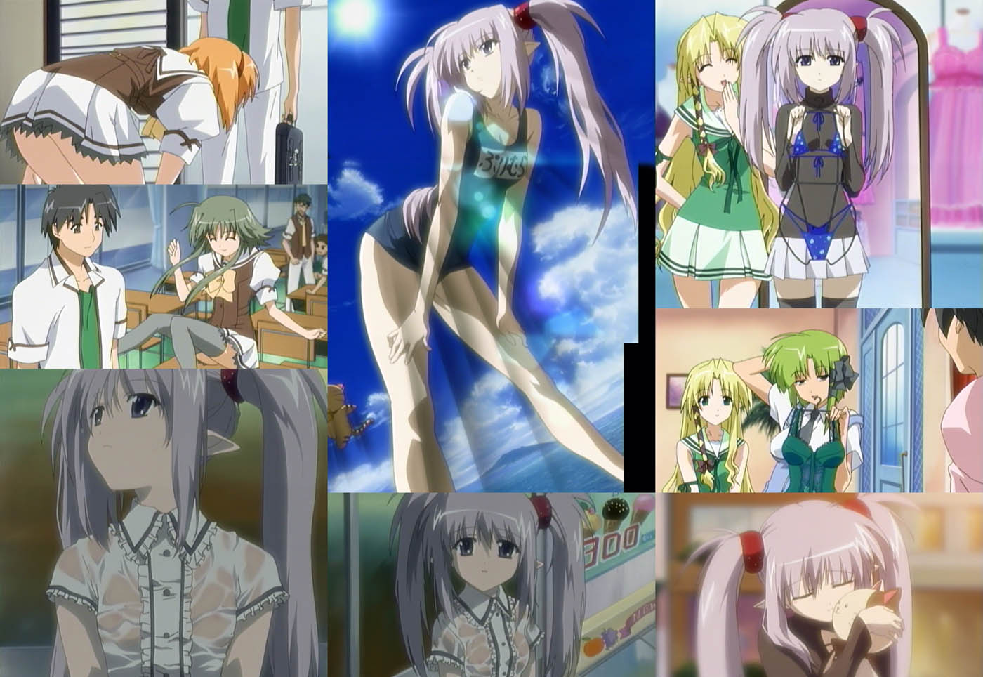 fuyou kaede, kareha, mayumi thyme, primula, shigure asa, tsuchimi rin, shuffle!, anime screenshot, 00s, 3boys, 5girls, babydoll, bent over, bikini, black hair, blonde hair, cat, classroom, collage, desk, episode6, flat chest, frills, green hair, grey hair, hair ribbon, long hair, micro bikini, mirror, multiple boys, multiple girls, name tag, no bra, one-piece swimsuit, orange hair, parted bangs, pointy ears, polka dot, polka dot bikini, polka dot swimsuit, ribbon, school, school swimsuit, school uniform, see-through clothes, serafuku, shirt, short hair, sidelocks, skirt, stuffed animal, stuffed cat, stuffed toy, swimsuit, thighhighs, twintails, wet, wet clothes, wet shirt, zettai ryouiki