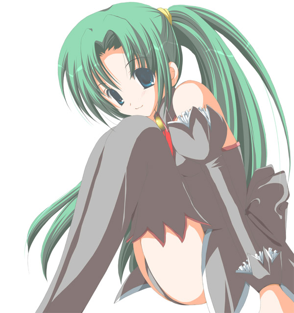 mizusawa mimori, sonozaki mion, higurashi no naku koro ni, 00s, 1girl, angel mort, black panties, black thighhighs, detached collar, female focus, halterneck, panties, parted bangs, ponytail, simple background, solo, thighhighs, thighs, underwear, white background