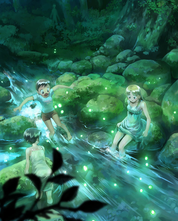 ikeda jun (mizutamari), original, 1boy, 3girls, barefoot, blouse, bug, feet, fireflies, firefly, forest, green theme, horror (theme), insect, multiple girls, nature, outdoors, rock, shirt, soaking feet, stream, toes, wading, water, when you see it, white shirt