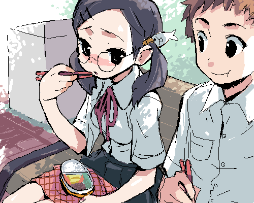 kurusu tatsuya, original, lowres, 1boy, 1girl, bench, bento, blush, chopsticks, eating, fish hair ornament, glasses, hair ornament, oekaki, red ribbon, ribbon, school uniform, shirt, sitting, smile, twintails, wooden bench
