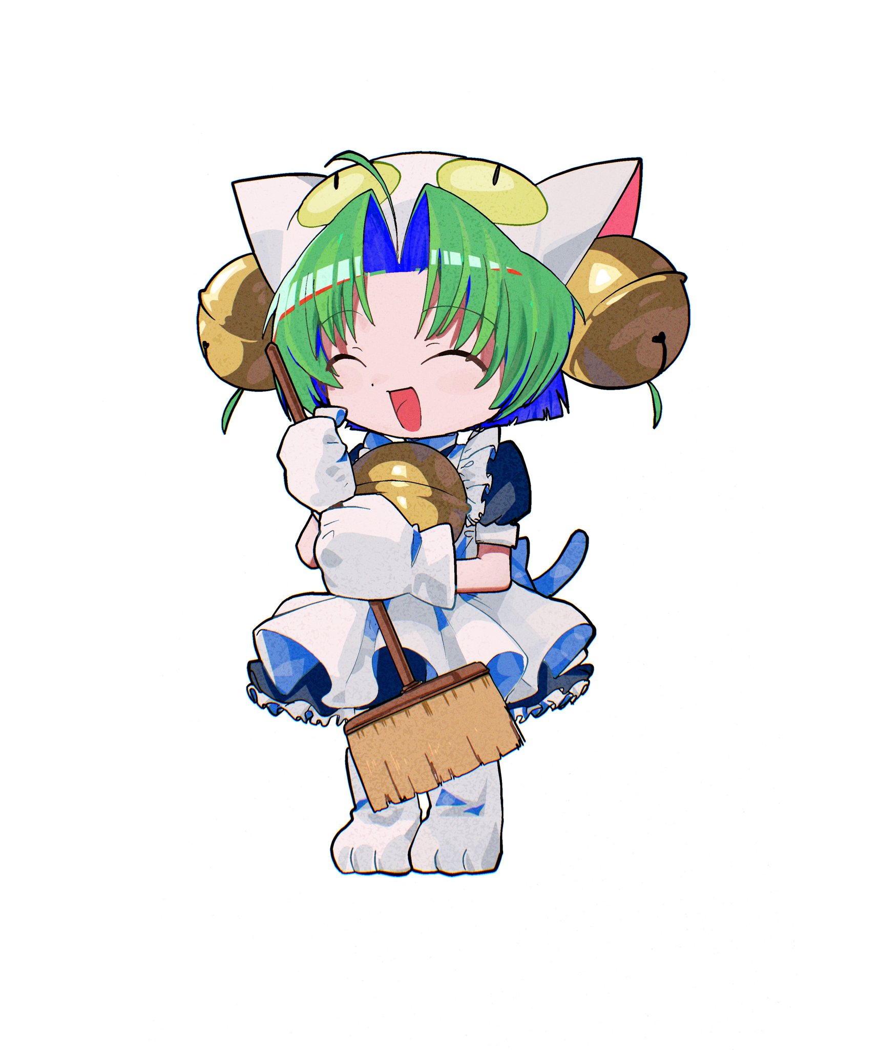 cakepiepizza, dejiko, di gi charat, highres, 1girl, ahoge, animal hat, apron, bell, black outline, blue dress, broom, cat girl, cat hat, cat tail, chibi, chibi only, closed eyes, dress, full body, green hair, hair bell, hair ornament, hat, holding, holding broom, jingle bell, mittens, neck bell, open mouth, outline, parted bangs, shoes, short hair, short sleeves, simple background, smile, solo, tail, white apron, white background, white hat, white mittens, white shoes