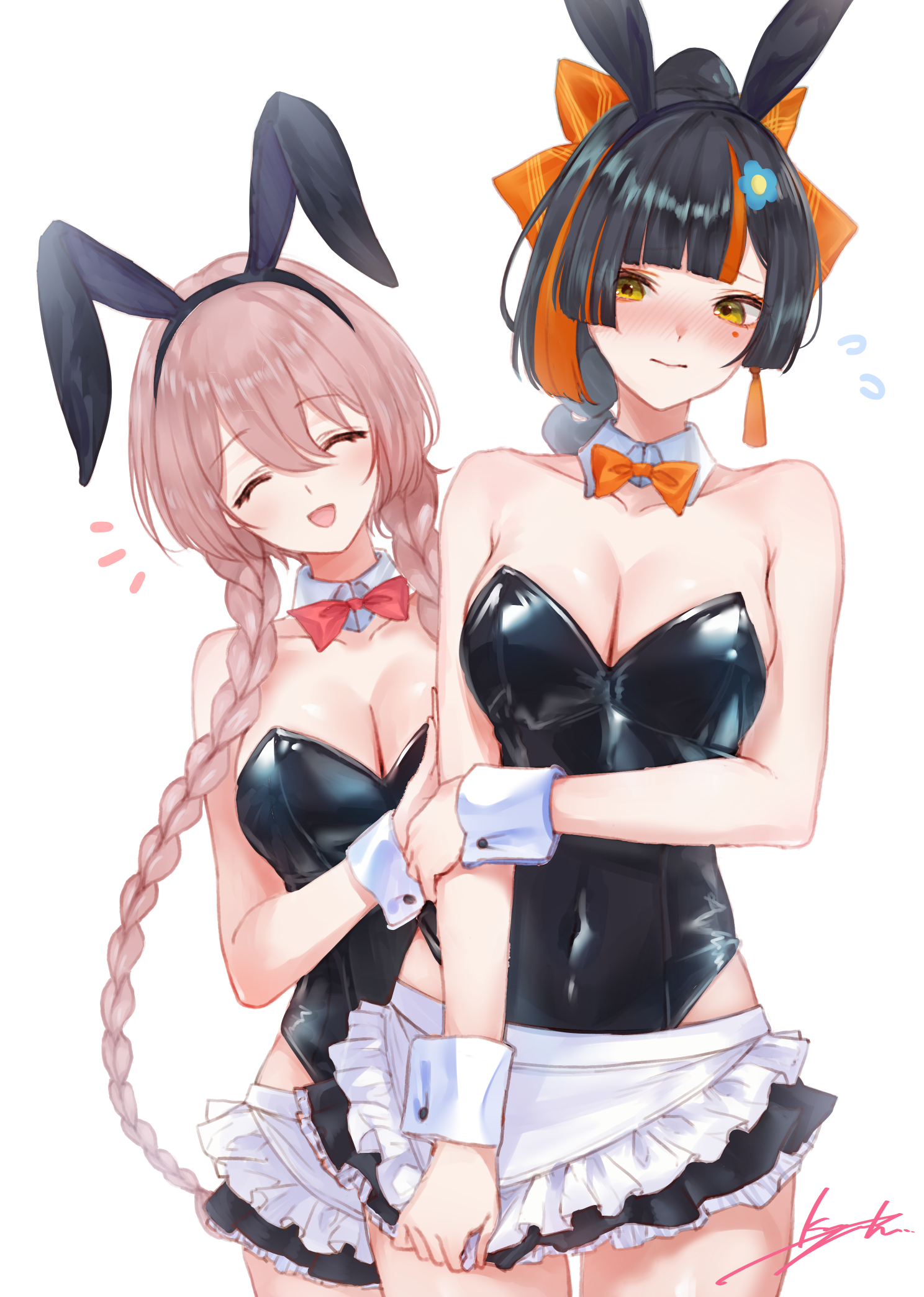 amayui moka, choya hanabi, vspo!, highres, 2girls, alternate costume, animal ears, apron, black hair, black leotard, blush, bow, bowtie, braid, breasts, brown hair, cleavage, closed eyes, closed mouth, detached collar, embarrassed, facial mark, fake animal ears, flower, flying sweatdrops, hair bow, hair flower, hair ornament, illus kiyotaka, leotard, low twin braids, multicolored hair, multiple girls, notice lines, open mouth, orange bow, orange hair, playboy bunny, rabbit ears, signature, simple background, smile, strapless, strapless leotard, streaked hair, twin braids, two-tone hair, virtual youtuber, waist apron, white background, wrist cuffs, yellow eyes