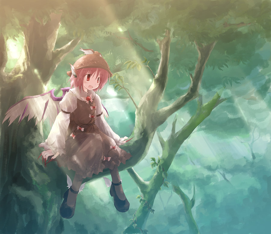 yukitarou (awamori), mystia lorelei, touhou, winged footwear, 1girl, :d, animal ears, branch, claws, dress, female focus, fingernails, forest, hat, in tree, leaf, light rays, long fingernails, long sleeves, mary janes, nature, open mouth, outdoors, pantyhose, pink hair, red eyes, shoes, short hair, sitting, sitting in tree, smile, solo, sunbeam, sunlight, tree, wide sleeves, wings