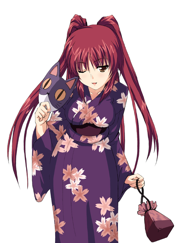 date (senpen), kousaka tamaki, to heart (series), to heart 2, 00s, 1girl, alternate costume, bag, brown eyes, female focus, floral print, handbag, japanese clothes, kimono, long hair, long sleeves, looking at viewer, mask, obi, one eye closed, pouch, purple kimono, red hair, sash, simple background, solo, white background, wink, yukata