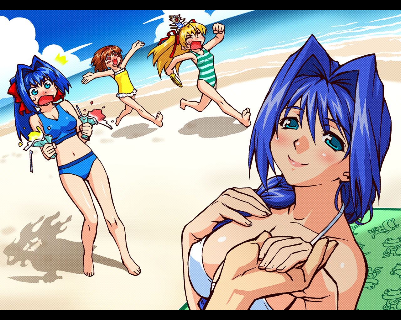 zen, minase akiko, minase nayuki, piro, sawatari makoto, tsukimiya ayu, kanon, 4girls, ^^^, animal, barefoot, beach, bikini, blue bikini, braid, cat, day, different shadow, dutch angle, food, hair intakes, halterneck, holding hands, letterboxed, multiple girls, navel, ocean, ominous shadow, one-piece swimsuit, outdoors, pov, pov hands, running, shadow, shaved ice, smile, standing, striped clothes, striped one-piece swimsuit, surprised, swimsuit, tankini, yellow one-piece swimsuit