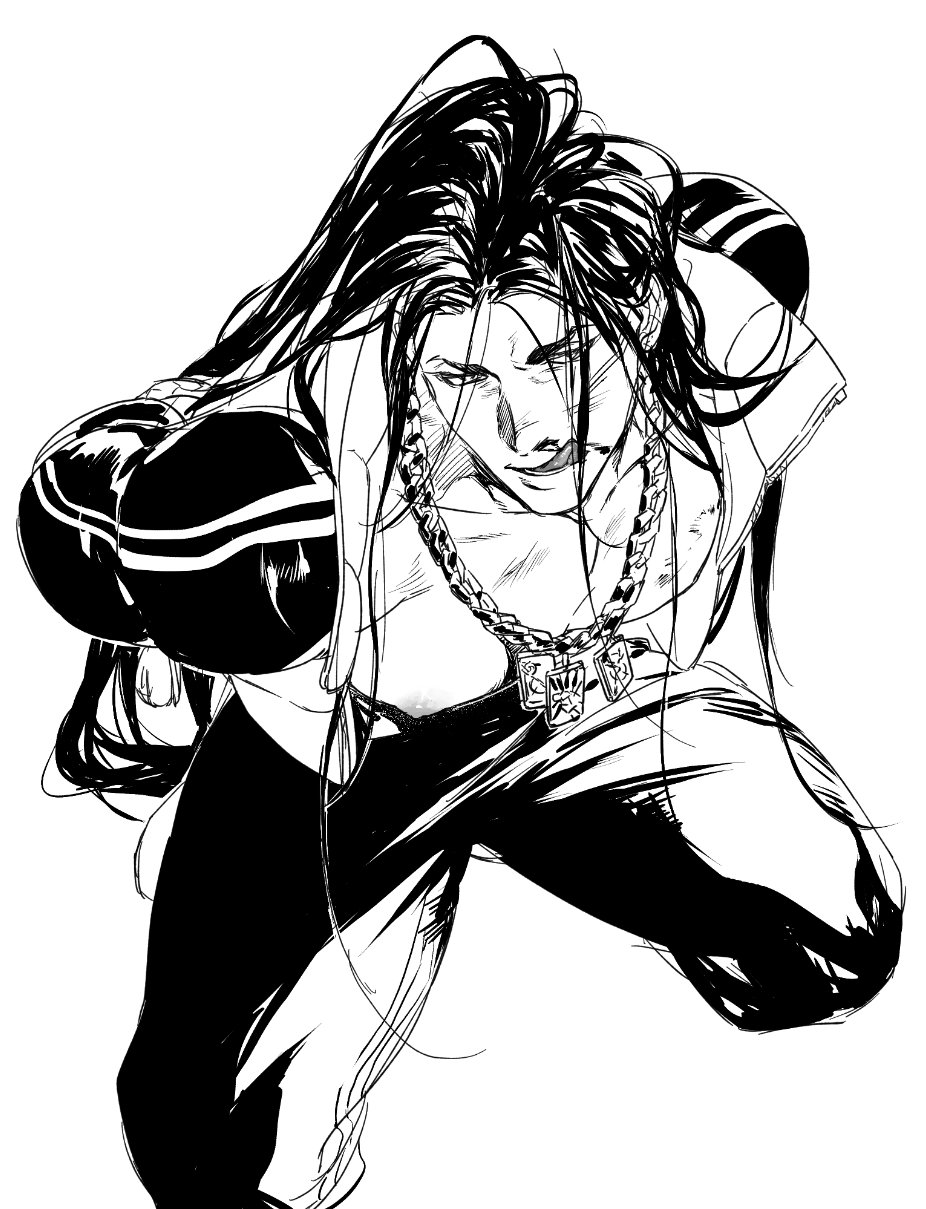 krkrkrbkkkkkkk, jamie siu, street fighter, street fighter 6, commentary, highres, 1boy, bare pectorals, blood, collarbone, full body, hair down, jacket, jewelry, licking lips, long hair, long sleeves, looking to the side, male focus, necklace, nipples, nosebleed, official alternate costume, open clothes, open jacket, pants, parted hair, pectorals, simple background, solo, striped clothes, striped jacket, tongue, tongue out, vertical-striped clothes, vertical-striped jacket, very long hair, white background