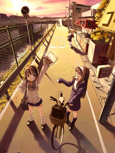 saitou atsushi (pal no komado), original, 3girls, bicycle, food, hairband, loose socks, multiple girls, pushing bicycle, scarf, socks, takoyaki, twintails