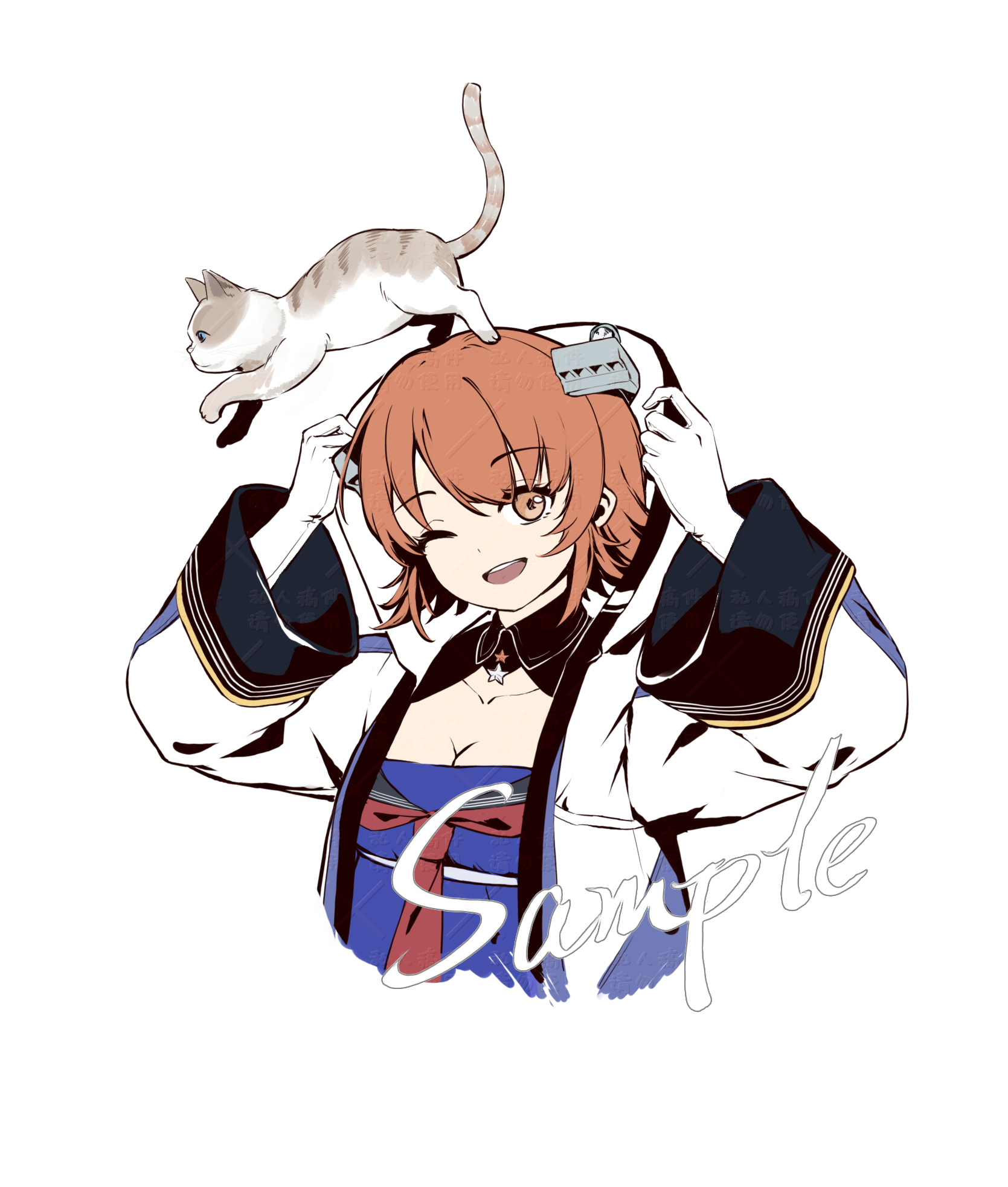 akagi (akagi1924), richard p. leary (kancolle), richard p. leary (rainy season) (kancolle), kantai collection, highres, 1girl, animal, animal on head, blue shirt, breasts, brown eyes, brown hair, cat, cat on head, flipped hair, headgear, hood, hood up, medium breasts, on head, one eye closed, raincoat, sailor collar, sailor shirt, sample watermark, shirt, short hair, simple background, smile, upper body, watermark, white background, white raincoat