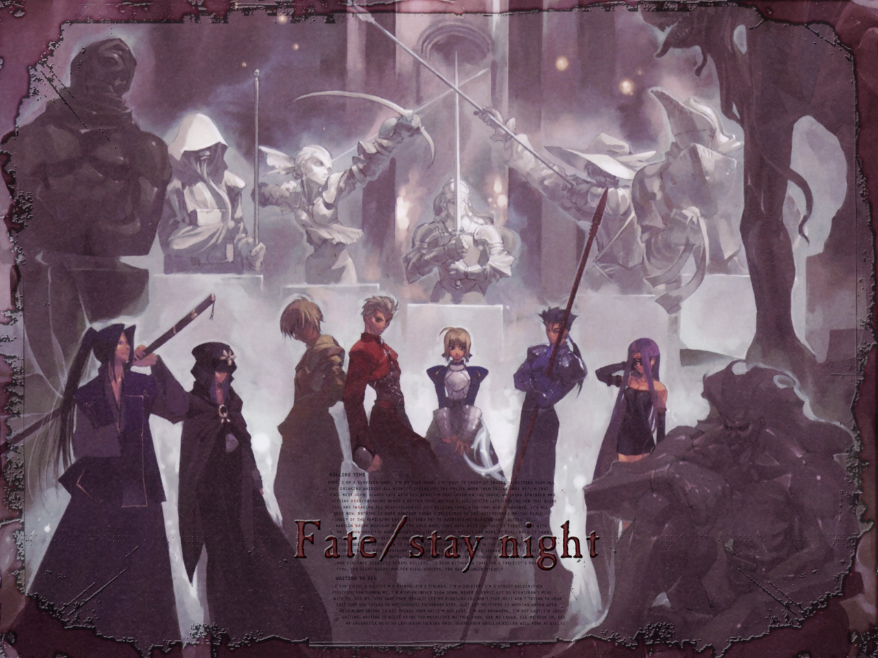 aikura chihiro, archer (fate), archer class (fate), artoria pendragon (fate), assassin class (fate), berserker class (fate), caster class (fate), cu chulainn (fate), cu chulainn (fate/stay night), gilgamesh (fate), heracles (fate), lancer class (fate), medea (caster) (fate), medea (fate), medusa (fate), medusa (rider) (fate), rider class (fate), saber (fate), saber class (fate), sasaki kojirou (fate), fate/stay night, fate (series), 00s, 3girls, 5boys, armor, assassin, blonde hair, dark-skinned male, dark skin, everyone, gae bolg (fate), invisible air (fate), multiple boys, multiple girls, polearm, robe, spear, statue, sword, weapon