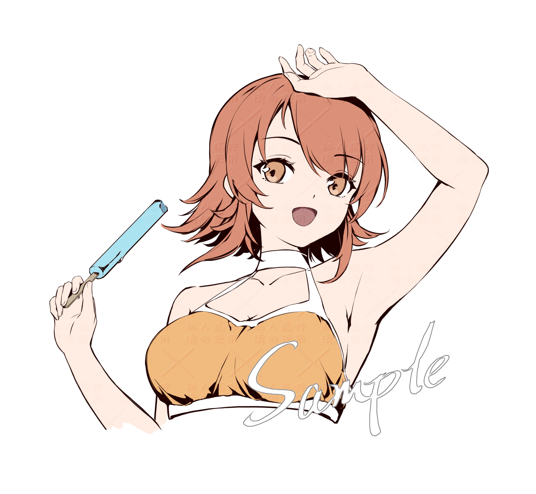 akagi (akagi1924), richard p. leary (kancolle), richard p. leary (swimsuit) (kancolle), kantai collection, highres, 1girl, bikini, breasts, brown eyes, brown hair, cropped torso, flipped hair, food, looking at viewer, medium breasts, orange bikini, popsicle, sample watermark, short hair, simple background, smile, solo, swimsuit, upper body, watermark, white background