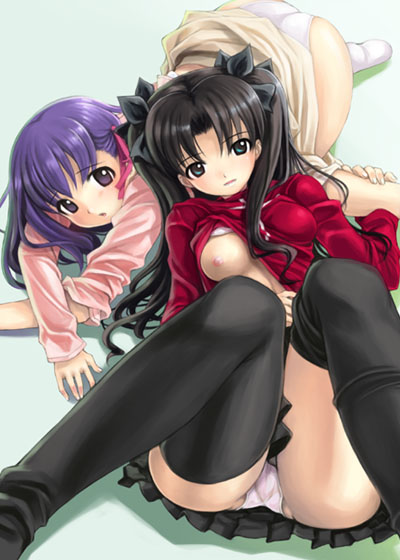 mikazuki akira!, matou sakura, tohsaka rin, fate/stay night, fate (series), 00s, 2girls, ass, black eyes, black thighhighs, breasts, clothes lift, hair ribbon, long hair, long legs, miniskirt, multiple girls, nipples, open clothes, open shirt, panties, pantyshot, purple hair, ribbon, shirt, shirt lift, siblings, sisters, sitting, skirt, thighhighs, top-down bottom-up, turtleneck, twintails, two side up, underwear, white panties