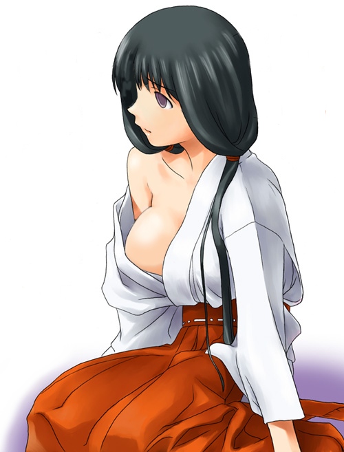original, looking away, traditional clothes, exif thumbnail surprise, 1girl, bare shoulders, black hair, breasts, cleavage, empty eyes, female focus, hair tie, hakama, hakama skirt, japanese clothes, long hair, medium breasts, miko, no bra, off shoulder, parted lips, purple eyes, red hakama, simple background, sitting, skirt, solo, white background
