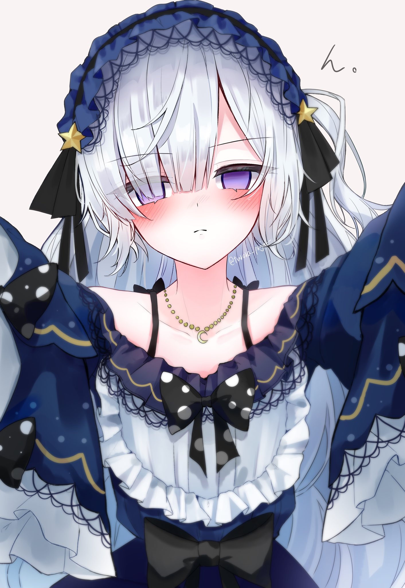 korira, natsume anan, mahou shoujo no majo saiban, commentary, highres, 1girl, black bow, blue dress, blush, bow, crescent, crescent necklace, dress, empty eyes, frilled dress, frilled sleeves, frills, gothic lolita, hair over one eye, hairband, hug invitation, jewelry, lolita fashion, lolita hairband, long hair, looking at viewer, necklace, polka dot, polka dot bow, pov, purple eyes, simple background, solo, star ornament, upper body, very long hair, white background, white hair