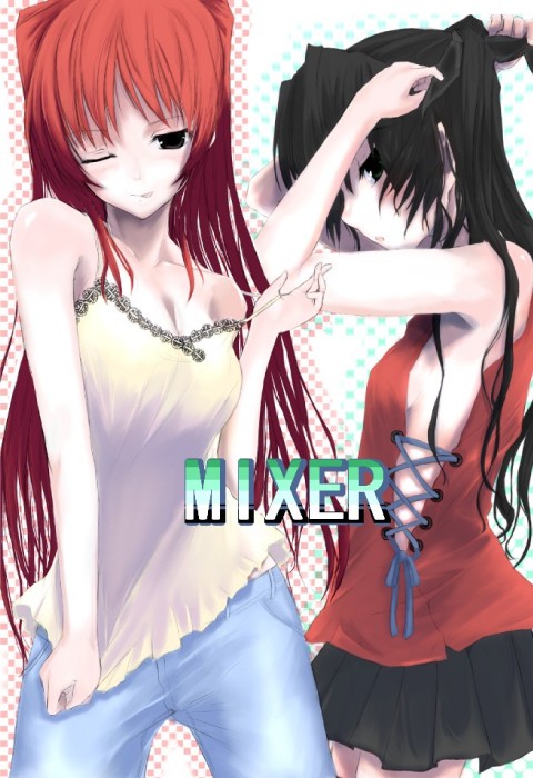 kousaka tamaki, tohsaka rin, fate/stay night, fate (series), to heart (series), to heart 2, 00s, 2girls, black hair, blush, brown eyes, casual, crossover, multiple girls, one eye closed, red hair, undressing, wink