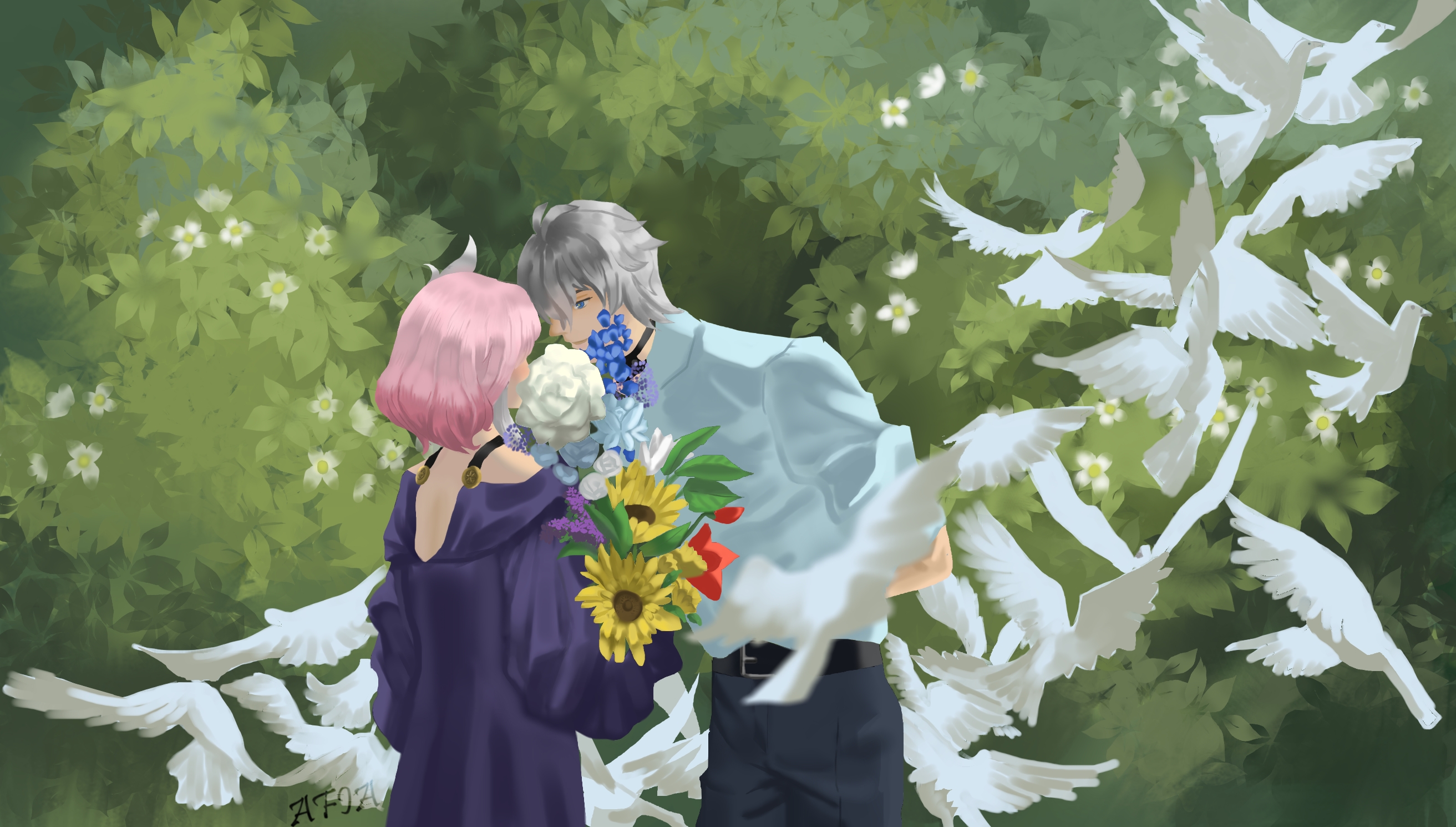 cyrene (honkai: star rail), phainon (honkai: star rail), honkai: star rail, honkai (series), hashtag-only commentary, highres, bare shoulders, belt, bird, black belt, black pants, bouquet, coat, couple, dove, flower, giving flower, hair ornament, hetero, holding, holding bouquet, outdoors, pants, pink hair, purple coat, rose, shirt, short hair, starry82108, sunflower, too many, too many birds, white flower, white hair, white rose, white shirt