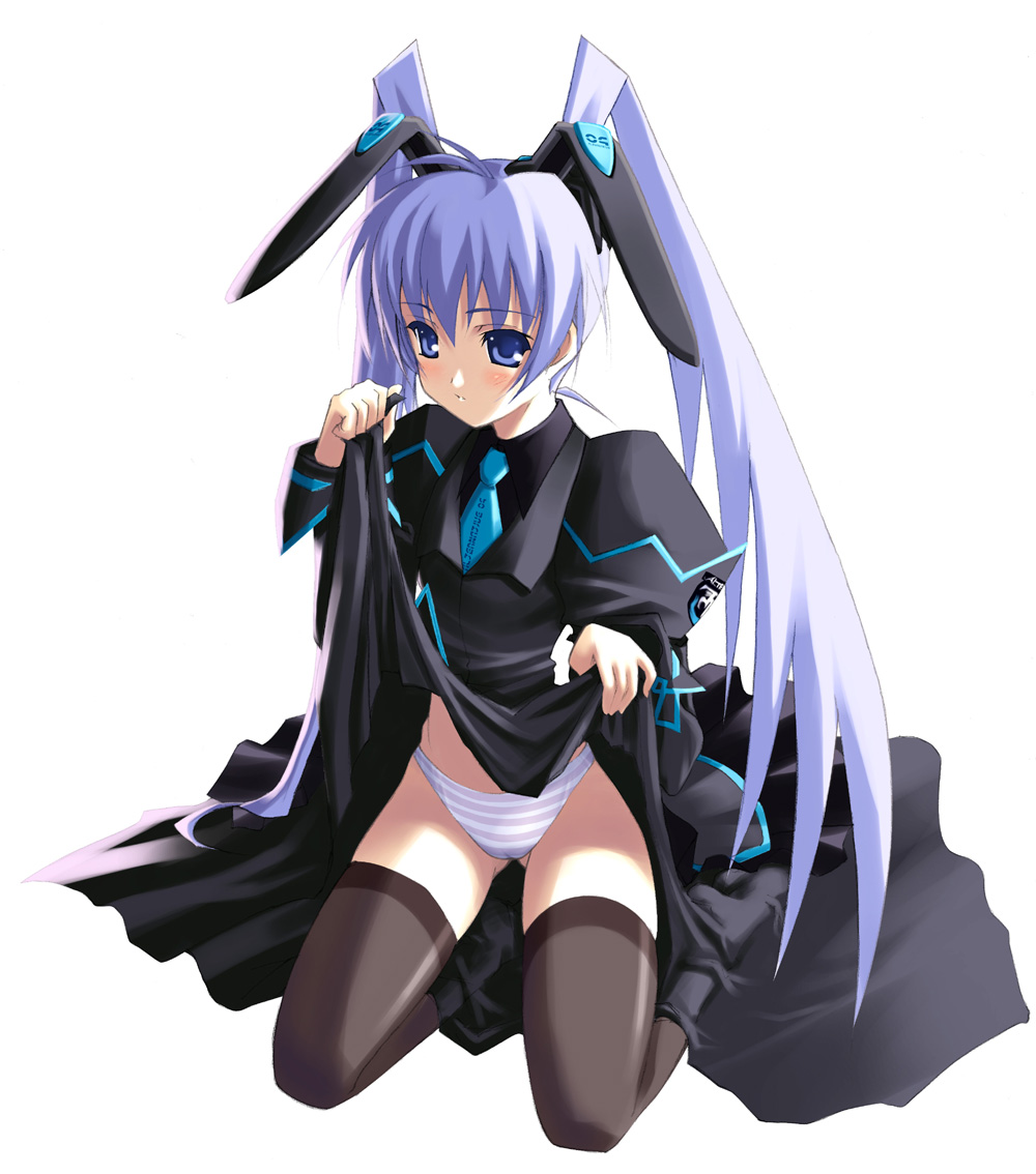 shingo (missing link), yashiro kasumi, muv-luv, uniform, 1girl, android, animal ears, black thighhighs, blue eyes, blue hair, cameltoe, clothes lift, dress, dress lift, fake animal ears, female focus, matching hair/eyes, necktie, panties, rabbit ears, sitting, skirt, skirt lift, solo, striped clothes, striped panties, thighhighs, twintails, underwear