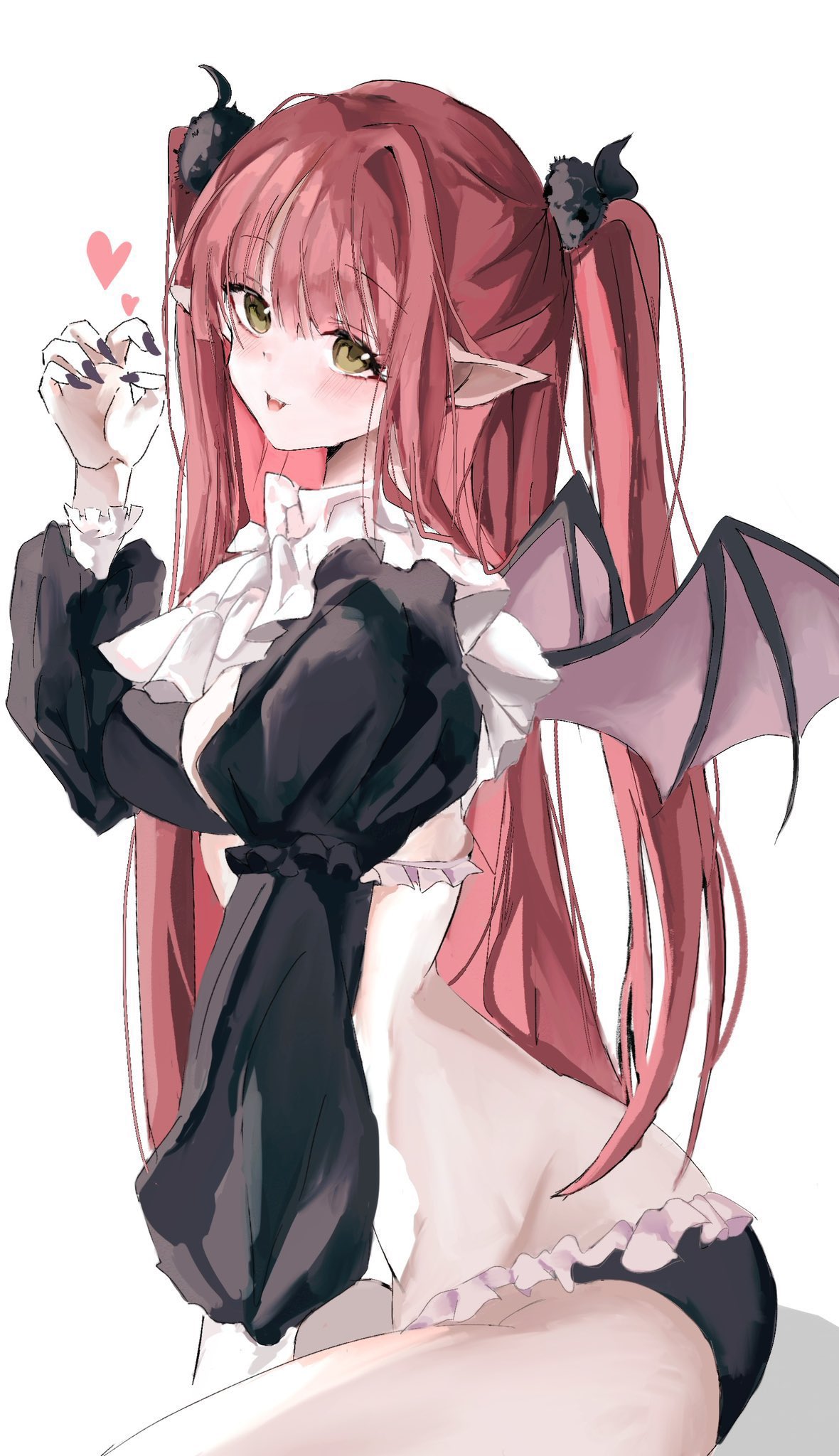 shiro rei419, rizu-kyun, sono bisque doll wa koi wo suru, hashtag-only commentary, highres, 1girl, :d, ass, black nails, black panties, blush, brown eyes, claw pose, cowboy shot, demon girl, demon horns, demon wings, eyelashes, eyes visible through hair, fangs, fingernails, frilled panties, frilled sleeves, frills, from side, hair between eyes, hair intakes, hand up, heart, horn scrunchie, horns, long fingernails, long hair, long sleeves, looking at viewer, nail polish, open mouth, panties, pointy ears, puffy long sleeves, puffy sleeves, red hair, sidelocks, simple background, sitting, smile, solo, straight hair, teeth, tsurime, two side up, underwear, upper teeth only, very long hair, white background, wings