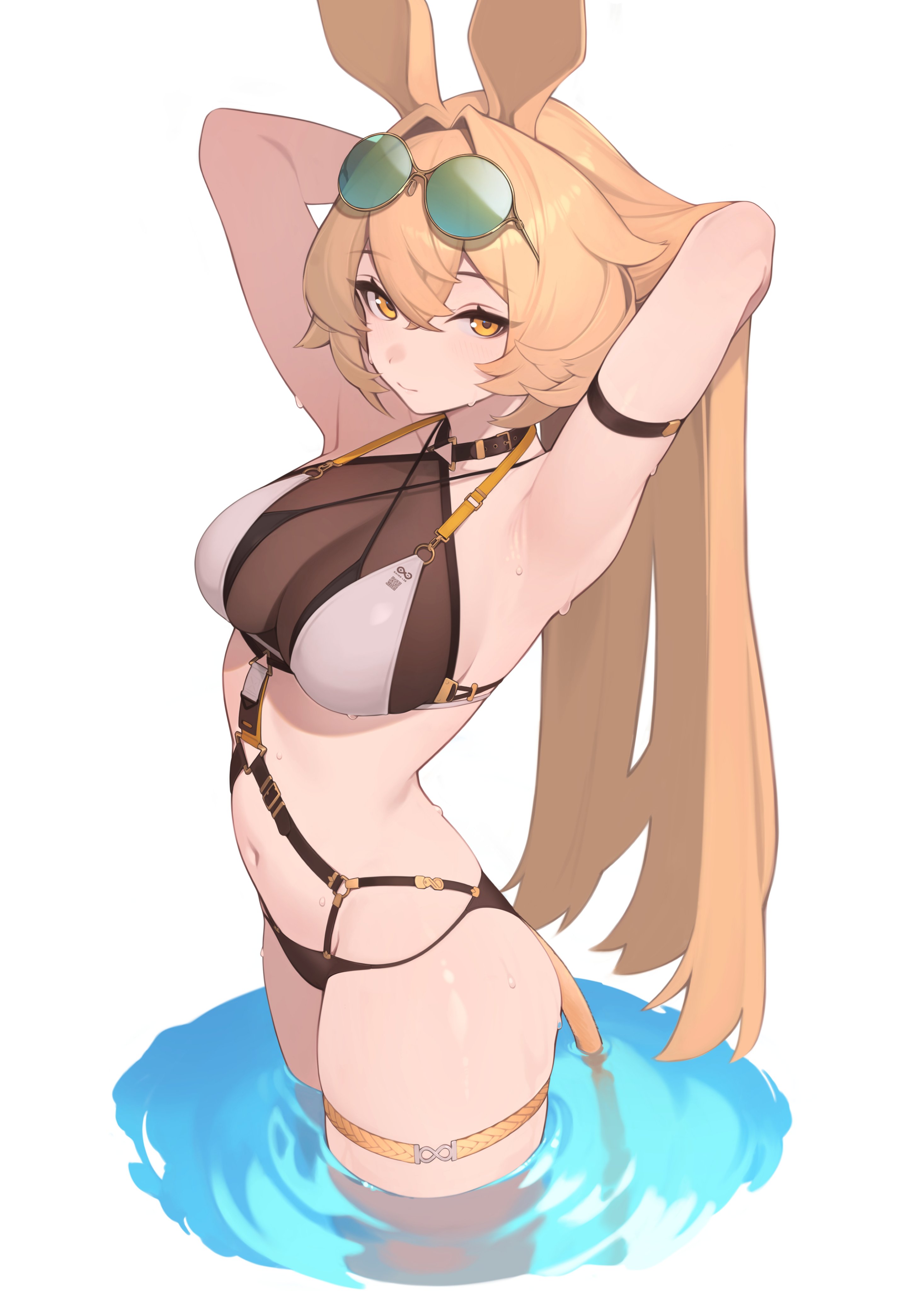 mari0ball, dorothy (arknights), arknights, absurdres, commentary request, highres, 1girl, alternate costume, animal ears, arm strap, armpits, arms behind head, arms up, bare shoulders, bikini, black bikini, blonde hair, breasts, cleavage, closed mouth, collarbone, cowboy shot, criss-cross halter, eyewear on head, green-tinted eyewear, hair between eyes, halterneck, hand in own hair, layered bikini, long hair, looking at viewer, medium breasts, mouse ears, mouse girl, mouse tail, navel, o-ring, o-ring bikini, o-ring top, rhine lab logo, round eyewear, see-through bikini, see-through clothes, simple background, solo, stomach, sunglasses, swimsuit, tail, thigh strap, thighs, tinted eyewear, wading, water, wet, white background, white bikini, yellow-framed eyewear