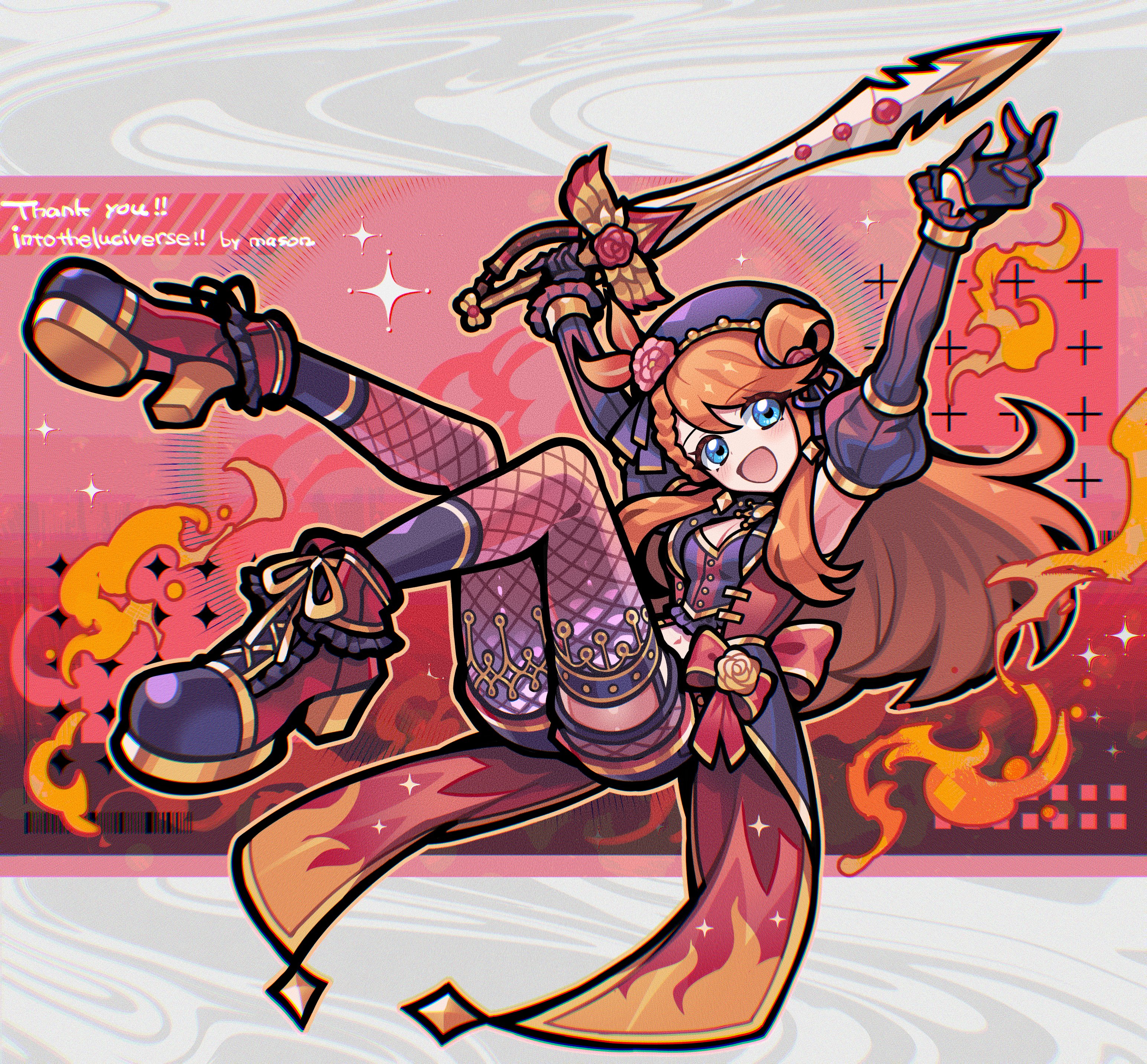 lucy monroe, original, absurdres, commission, highres, skeb commission, armpits, beret, blue eyes, boots, braid, detached sleeves, feathers, fire, flame print, flower, garter belt, gloves, hair bun, hair flower, hair ornament, hat, leggings, long hair, orange hair, smile, sword, weapon