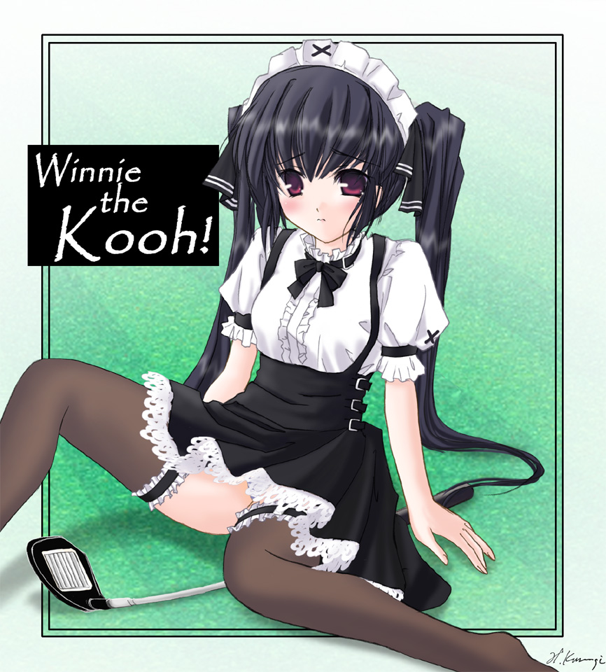 kooh (pangya), pangya, 1girl, black dress, black hair, blush, brown thighhighs, corset, dress, female focus, golf club, green background, long hair, maid, maid headdress, pun, purple eyes, signature, sitting, skirt, solo, thighhighs, twintails, underbust