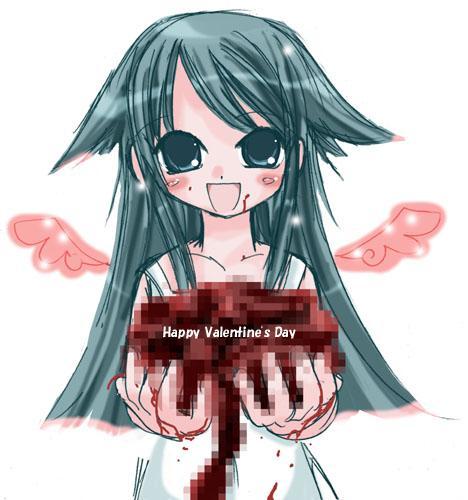 saya (saya no uta), saya no uta, lowres, 1girl, bad food, blood, blood on clothes, blood on face, blood on hands, blush, blush stickers, censored, female focus, giving, green eyes, green hair, hair flaps, happy valentine, incoming gift, intestines, matching hair/eyes, mosaic censoring, religious offering, sayanouta, smile, solo, valentine, wings