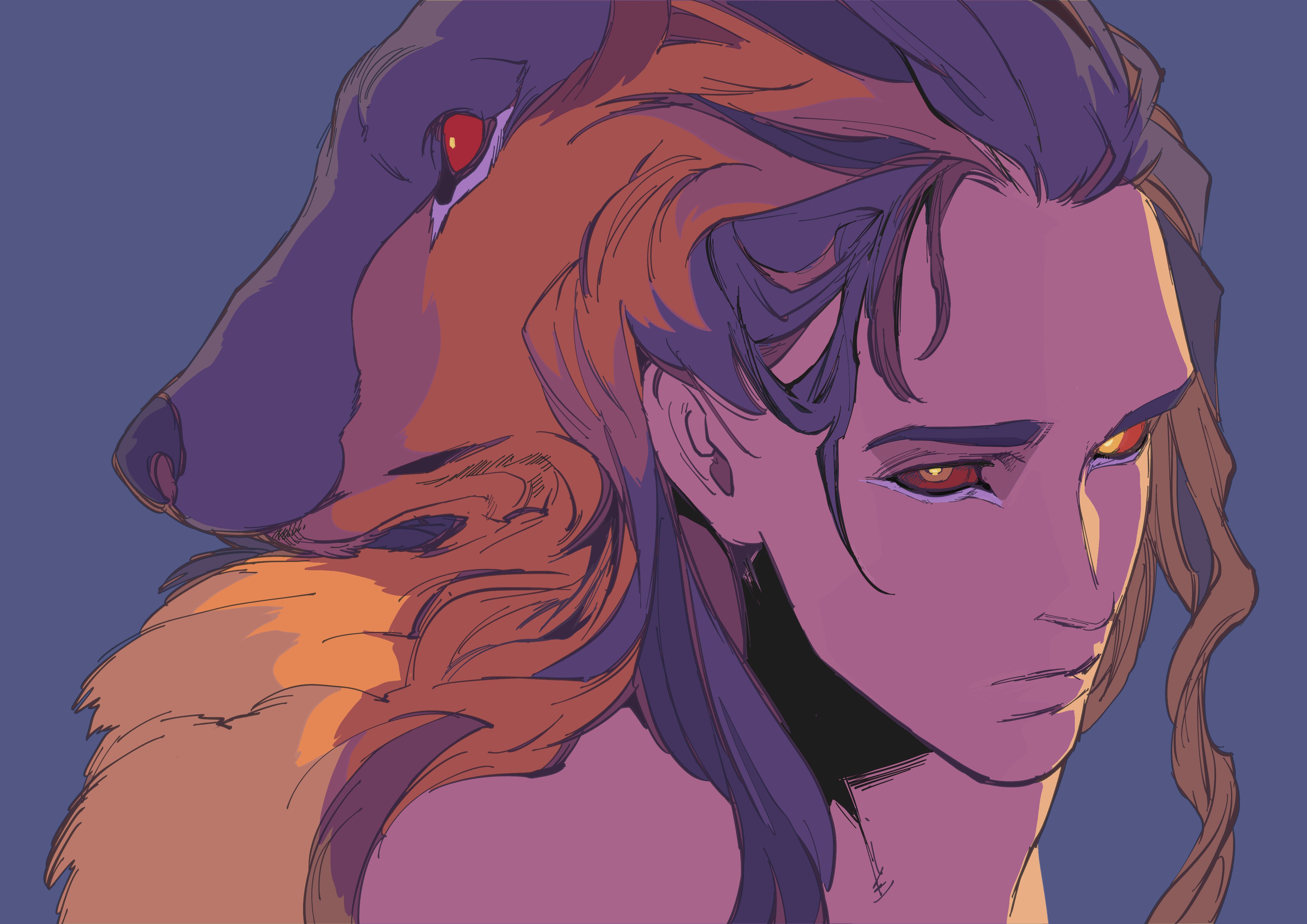 bakushi (smys2017), madk, absurdres, commentary request, highres, 1boy, animal, blue background, brown hair, colored sclera, dual persona, long hair, looking at viewer, male focus, owen (madk), portrait, purple hair, red sclera, simple background, wolf, yellow eyes