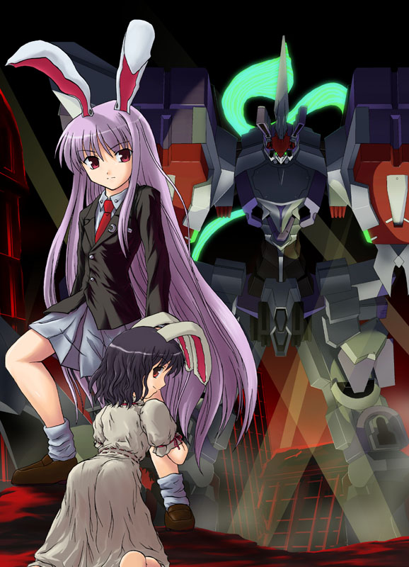 tsuyadashi shuuji, demonbane (mecha), inaba tewi, reisen udongein inaba, touhou, 2girls, animal ears, black hair, female focus, kneeling, long hair, looking back, mecha, multiple girls, necktie, purple hair, rabbit ears, red eyes, robot, shoes, short hair, standing