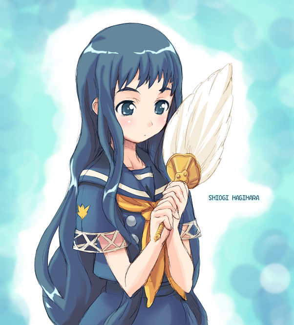 hagiya masakage, hagihara shiogi, zaregoto series, 1girl, blue eyes, blue hair, closed mouth, dot mouth, female focus, hand fan, holding, holding fan, long hair, matching hair/eyes, school uniform, serafuku, solo