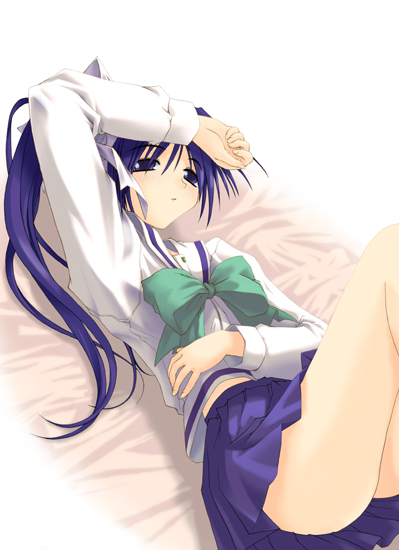 itou noemi, with you, 00s, 1girl, arm up, bed, blue eyes, blue hair, bow, female focus, from above, hair ribbon, legs up, long hair, lying, matching hair/eyes, midriff, on back, open mouth, pleated skirt, ponytail, purple eyes, purple hair, ribbon, school uniform, serafuku, side ponytail, skirt, solo, thighs