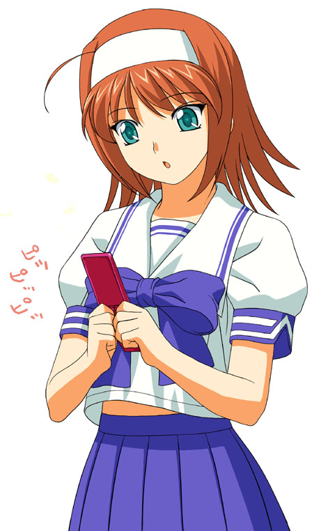 a1 (initial-g), suzumiya akane, kimi ga nozomu eien, 00s, 1girl, :o, brown hair, cellphone, cowboy shot, female focus, green eyes, hairband, phone, pleated skirt, school uniform, serafuku, short hair, simple background, skirt, solo, white background