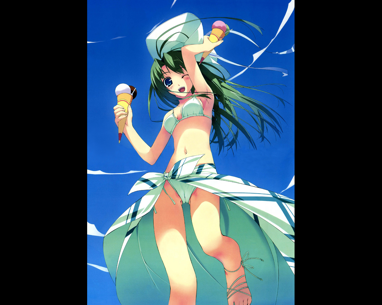 murakami suigun, 1girl, armpits, bikini, cameltoe, day, female focus, food, green hair, hat, ice cream, long hair, one eye closed, pillarboxed, solo, swimsuit, wink