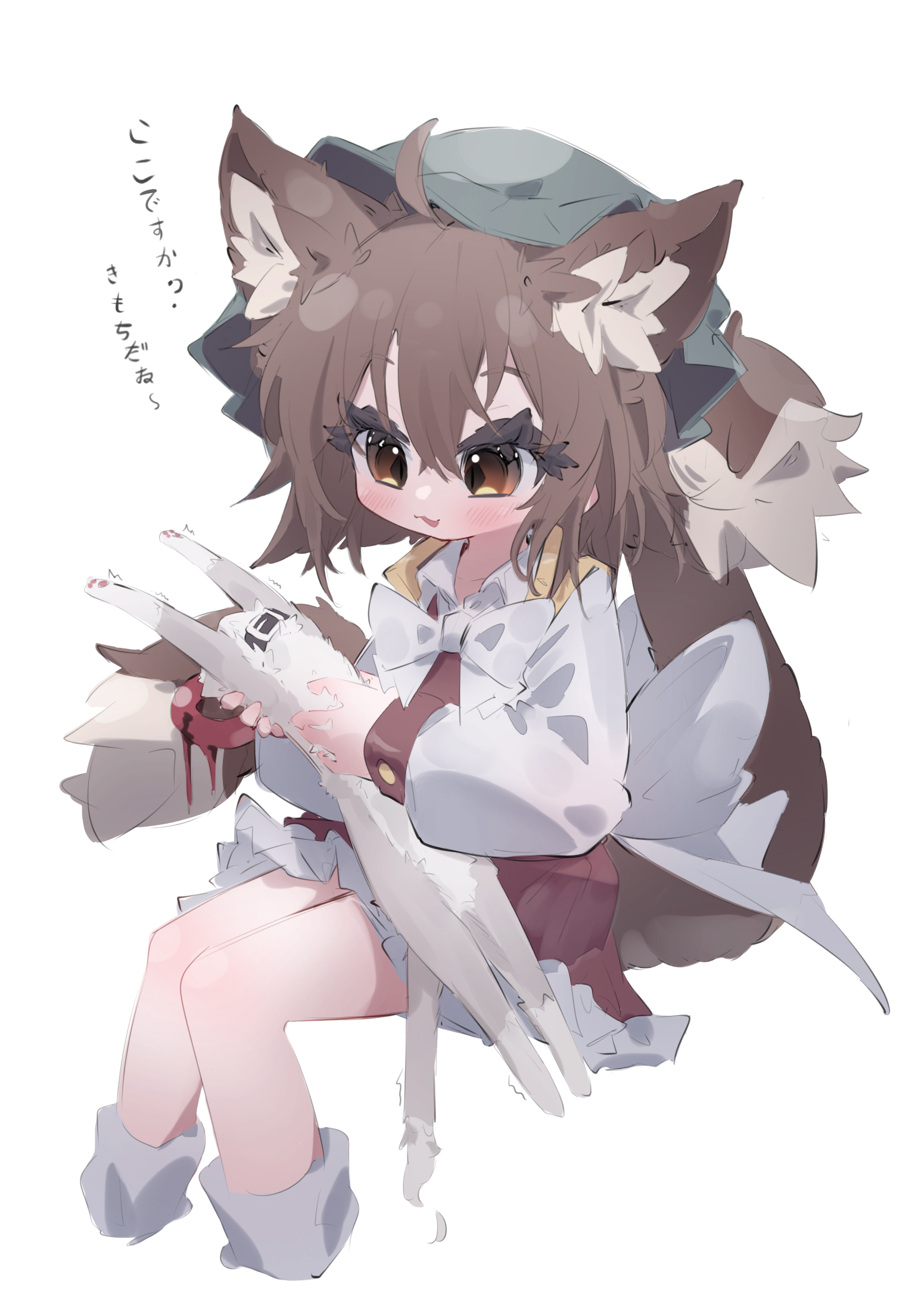 mr.turtle head, chen, touhou, commentary, highres, translation request, 1girl, :3, :d, ahoge, animal, animal collar, animal ear fluff, animal ears, blush, bow, bowtie, brown eyes, brown hair, cat, cat ears, cat stretch, cat tail, collar, cropped legs, double-parted bangs, frills, hair between eyes, hat, holding, holding animal, holding cat, knees together feet apart, long sleeves, medium hair, mob cap, multiple tails, nekomata, open mouth, puffy long sleeves, puffy sleeves, simple background, sitting, slit pupils, smile, socks, solo, stretching, tail, two tails, white background, white bow, white bowtie