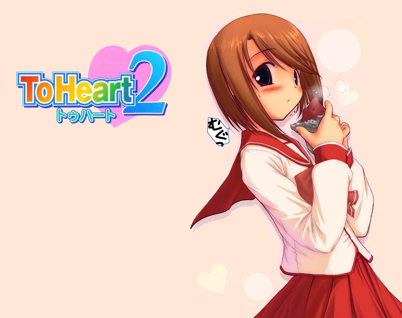 komaki manaka, to heart (series), to heart 2, sepia background, 00s, 1girl, black eyes, blush, brown hair, copyright name, eating, female focus, logo, red skirt, school uniform, short hair, skirt, solo