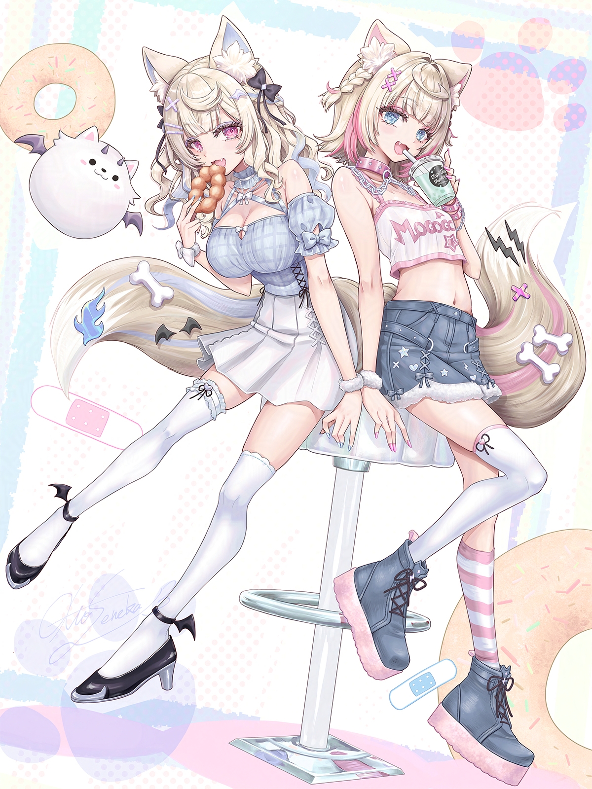 alto seneka, fuwawa abyssgard, fuwawa abyssgard (casual), mococo abyssgard, mococo abyssgard (casual), perroccino (fuwamoco), hololive, hololive english, highres, 1other, 2girls, animal ear fluff, animal ears, asymmetrical legwear, bandaid, bandaid hair ornament, bare shoulders, black bow, blonde hair, blue eyes, blue hair, blue nails, blush, bow, braid, breasts, camisole, cleavage, collarbone, cup, disposable cup, dog ears, dog girl, dog tail, donut, food, hair bow, hair ornament, hairclip, high heels, holding, holding cup, large breasts, long hair, looking at viewer, medium breasts, multicolored hair, multiple girls, navel, official alternate costume, open mouth, parallel hairclips, pink eyes, pink hair, pink nails, platform shoes, short hair, shorts, siblings, sisters, skirt, smile, stomach, tail, thighhighs, twins, white camisole, white skirt, white thighhighs, x hair ornament