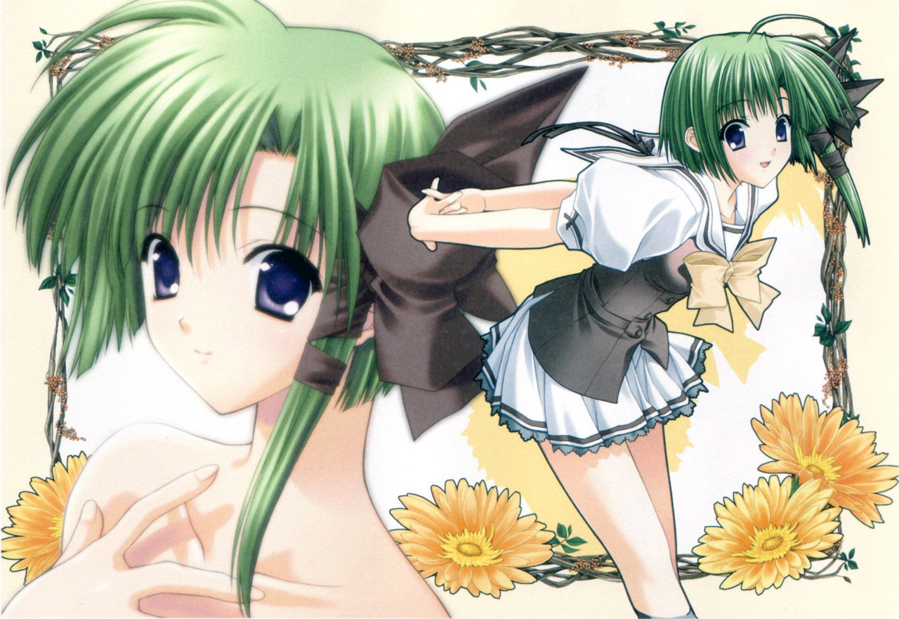 kakesu, suzuhira hiro, shigure asa, shuffle!, official art, 00s, 1girl, :d, ahoge, arms behind back, bare shoulders, black ribbon, bow, bowtie, collarbone, daisy (flower), fingernails, flower, from side, green hair, hair ribbon, interlocked fingers, kneehighs, leaning forward, looking at viewer, miniskirt, multiple views, open mouth, outside border, pleated skirt, projected inset, puffy short sleeves, puffy sleeves, purple eyes, ribbon, school uniform, serafuku, short hair, short sleeves, skirt, smile, socks, stretching, vest, white skirt, yellow bow, yellow bowtie