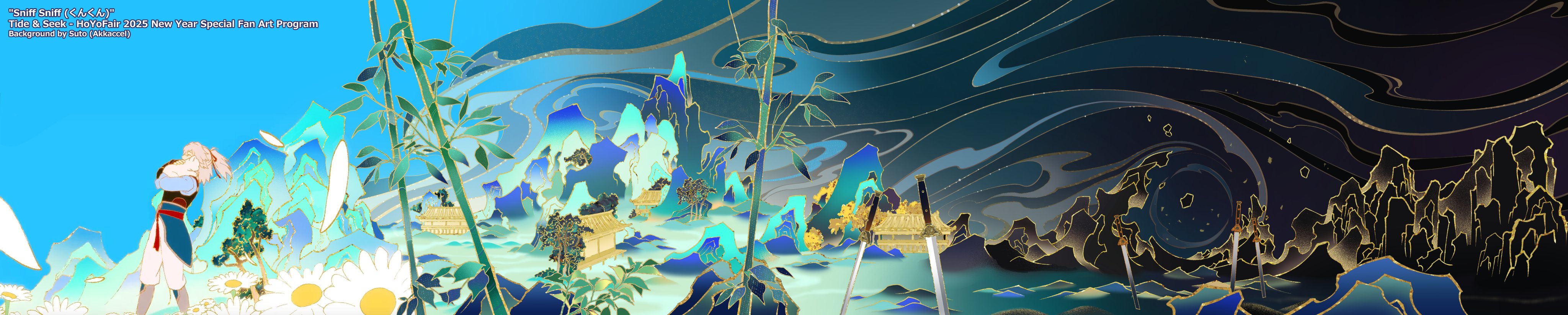 suto (sakumaaritsu), honkai: star rail, honkai (series), absurdres, character request, commentary, english commentary, highres, long image, official art, panorama, wide image, animal, architecture, artist name, bamboo, belt, black sky, blue shirt, blue sky, blue theme, blue tunic, building, cat, cloud, colored lineart, copyright name, daisy (flower), dated, day, east asian architecture, evening, fantasy, flower, gloves, gold, gradient sky, holding, holding animal, holding cat, hoyofair, mountain, night, night sky, outdoors, pants, pink hair, planted, planted sword, planted weapon, red belt, red gloves, scenery, shirt, sky, split theme, sword, tree, tunic, very wide shot, walking, watermark, weapon, white cat, white flower, white pants, white petals
