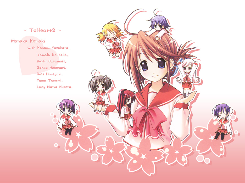 himeyuri ruri, himeyuri sango, komaki manaka, kousaka tamaki, lucy maria misora, sasamori karin, tonami yuma, yuzuhara konomi, to heart (series), to heart 2, 00s, 6+girls, cherry blossoms, chibi, everyone, flower, folded ponytail, heart, mini person, minigirl, multiple girls, school uniform, serafuku, smile
