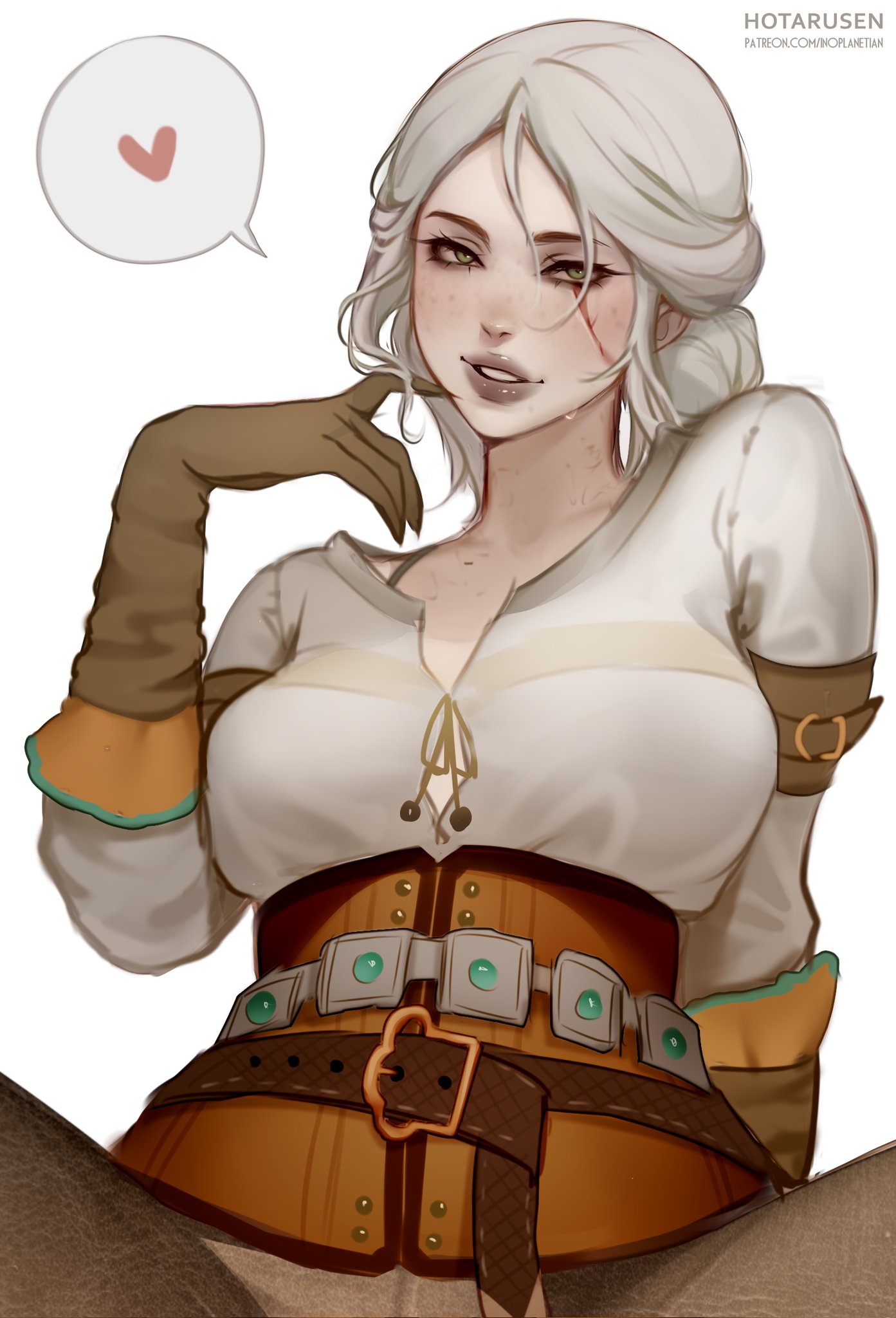 hotaru sen, ciri, the witcher (series), highres, 1girl, artist name, belt, breasts, brown belt, brown gloves, collarbone, freckles, gloves, green eyes, heart, long sleeves, looking at viewer, medium breasts, medium hair, pants, parted lips, patreon username, scar, scar across eye, scar on face, shirt, simple background, smile, solo, upper body, white background, white hair, white shirt